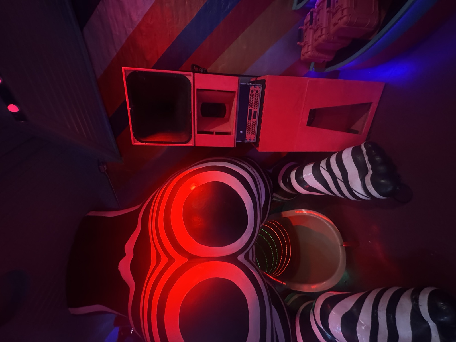 Karlala Soundsystem stacked in the studio beside a striped sculpture