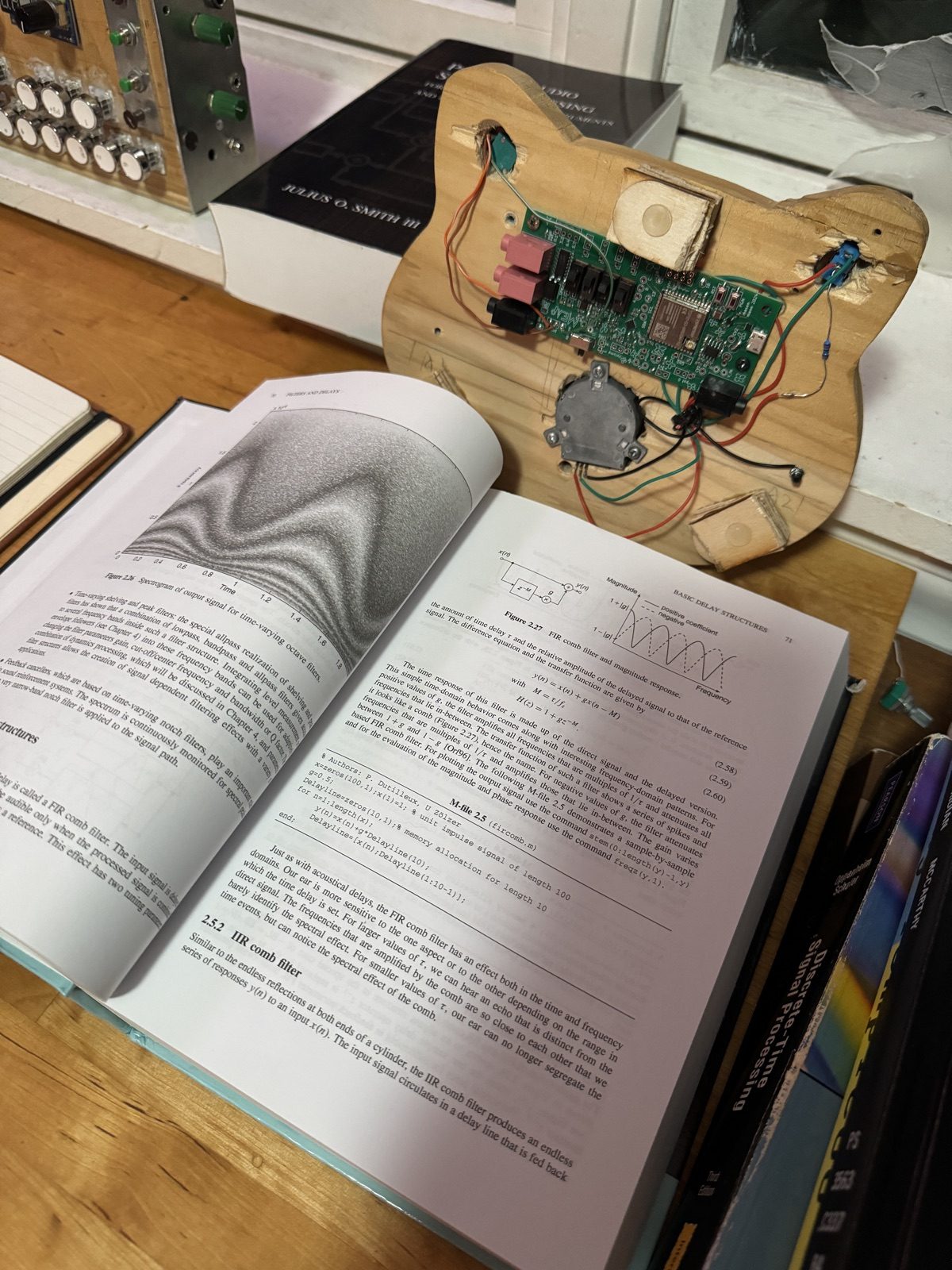 Cat-shaped wooden instrument beside an open DSP textbook