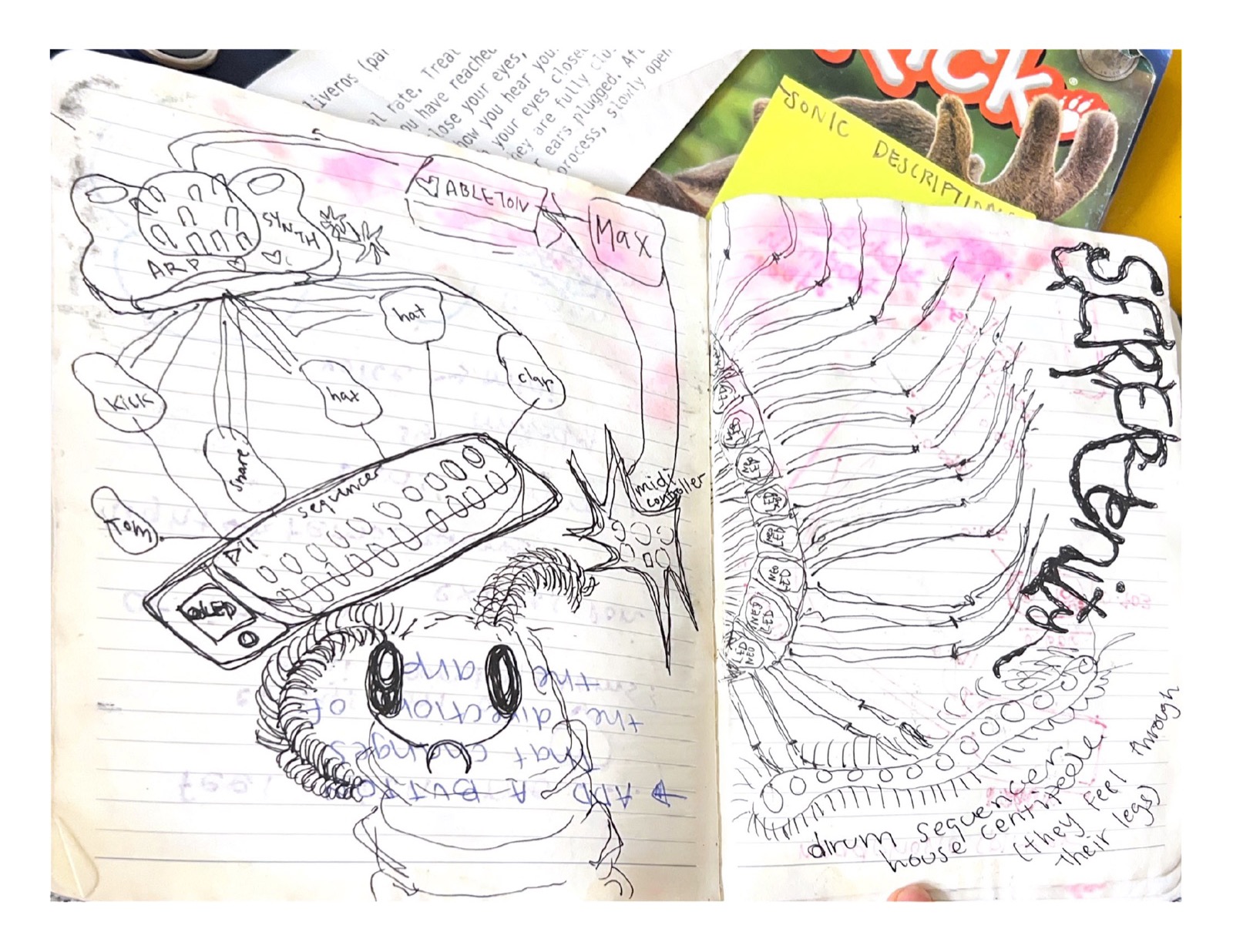Notebook sketches mapping a centipede sequencer to drum sounds